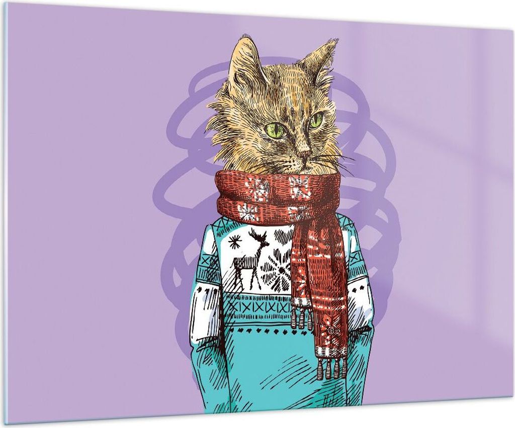 Bilder auf glas - Katze Schal Illustration hipster - 100x70cm - Glasbilder - Wandbilder - Kunstdruck - zum Aufhängen bereit - Wanddekoration aus G...
