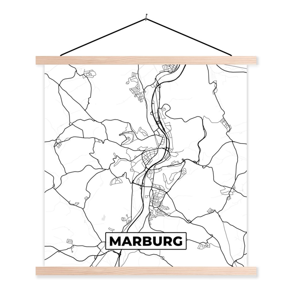 MuchoWow Textilposter Karte - Marburg - Stadtplan 40x40 cm mit holzfarbenen Rahmen - Posterleiste