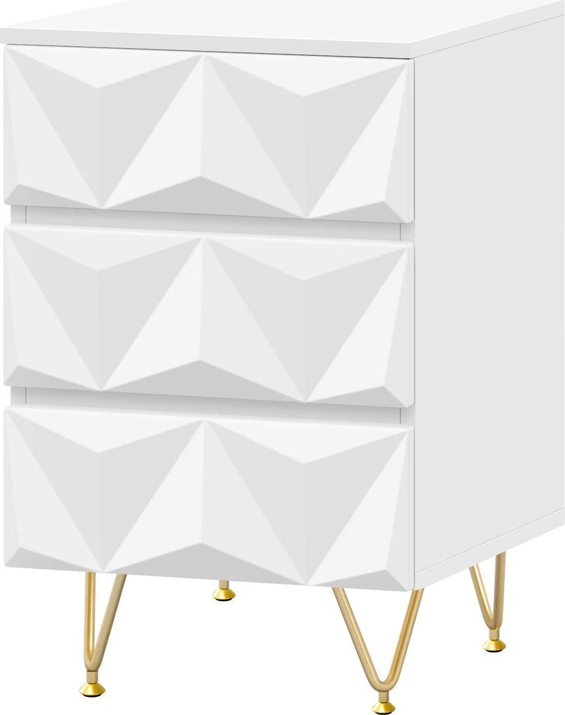 A white nightstand with a geometric textured front and gold legs, shown from a front-diagonal angle against a white background.