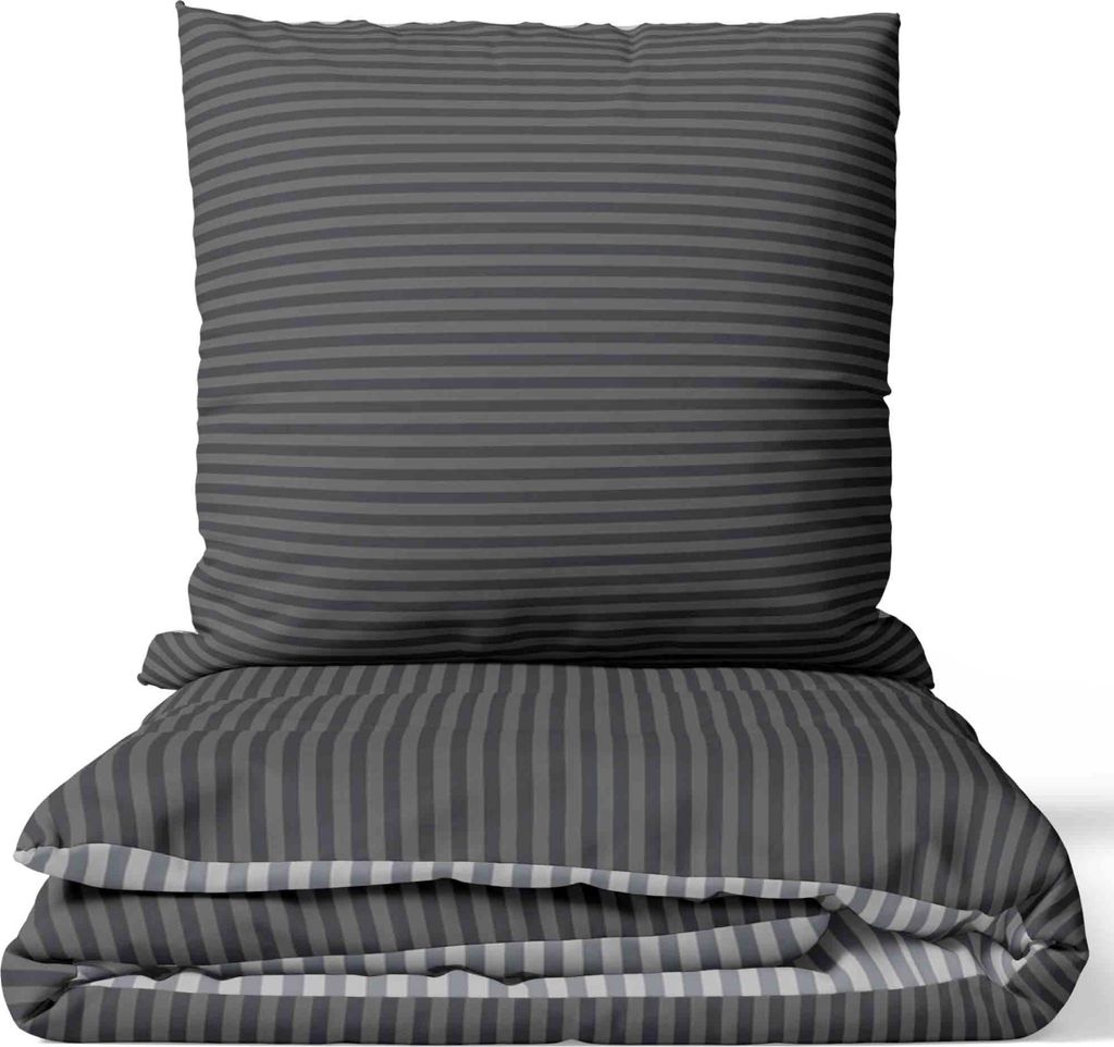 Baumwolle Bettwäsche 4-teilig Set 155x220 cm Grau gestreift Wendeseite Reißverschluss