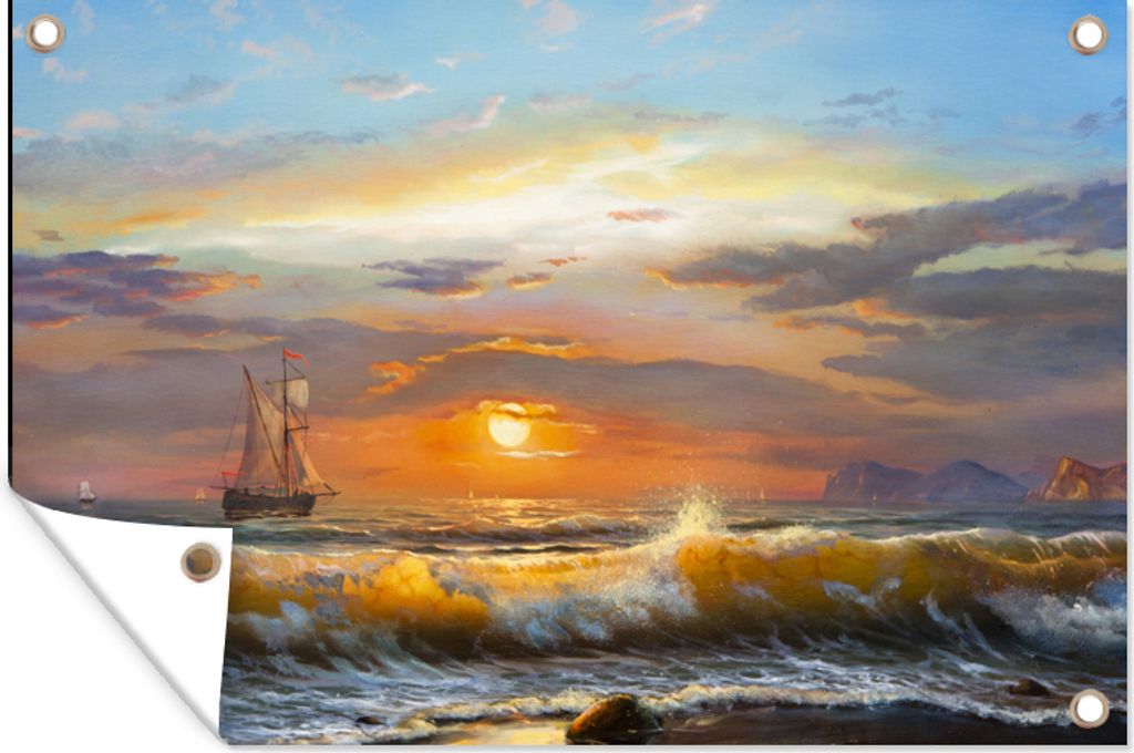 MuchoWow 120x80 cm Outdoor-Poster Gartendeko Sichtschutz Garten Poster für den Garten Malerei - Wasser - Segelboot - Ölfarbe