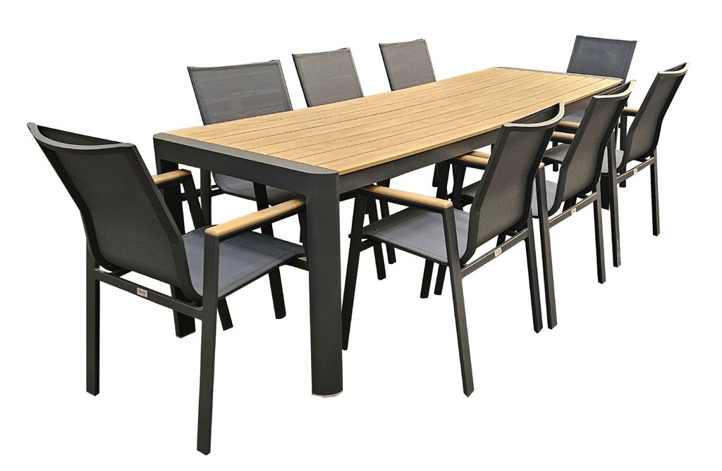 Gartenmöbel Alu / WPC 9-TLG. Anthrazit / Braun Sitzgruppe Terassenmöbel Essgruppe Tisch 260 cm + 8 Stühle