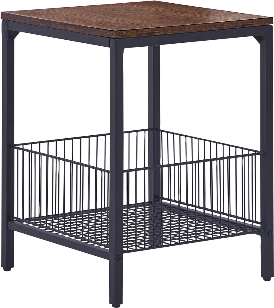 Table d'appoint bois foncé 40x40 cm avec panier de rangement métal noir