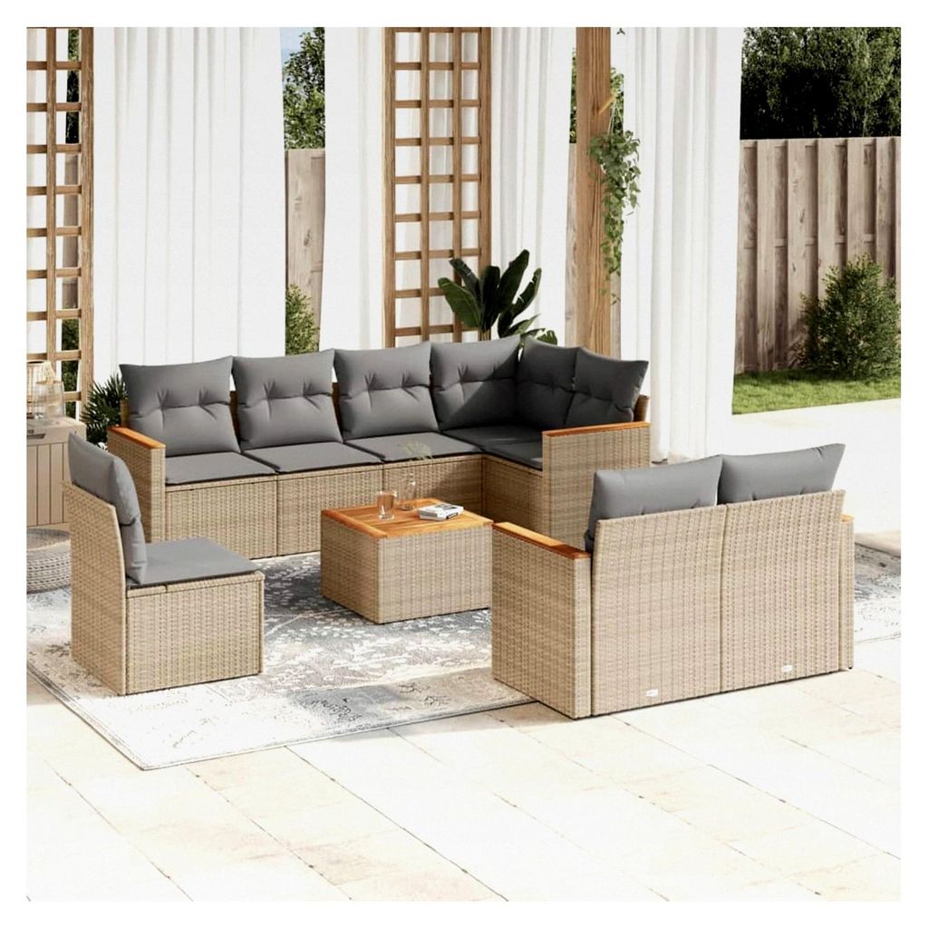9-teiliges Gartenmöbel-Set mit Kissen aus Polyrattan in Beige