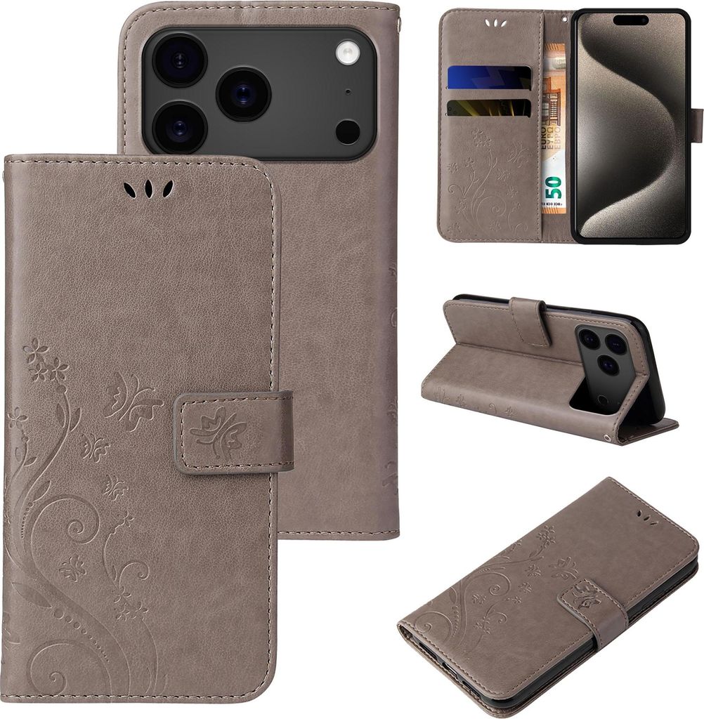 Handyhülle für Apple iPhone 17 Pro Floral Blumen Schmetterling Flip Cover Hülle Case Klapphülle Handytasche Farbe: Grau