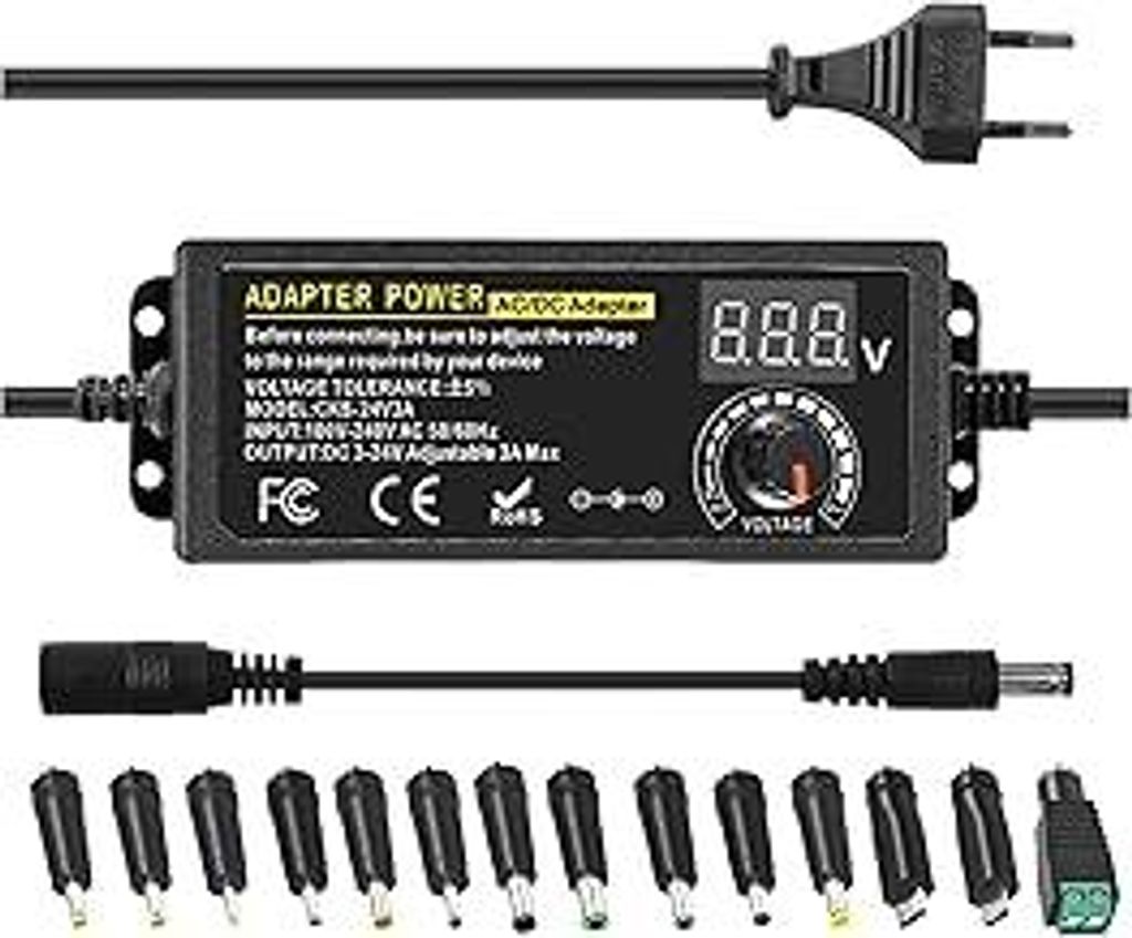 3-24V Einstellbares Netzteil 3A 72W|Universal NetzteilAdapter 100V-240V AC zu DC Transformator Konverter mit 14 Tipps,LED Spannungsanzeige und Pola...