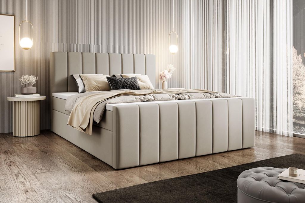 WFL GROUP Boxspringbett mit Bettkasten Avelio 140x200 160x200 180x200 – Doppelbett Gepolstert mit Matratze und Topper – Stauraumbett mit Kopfte...