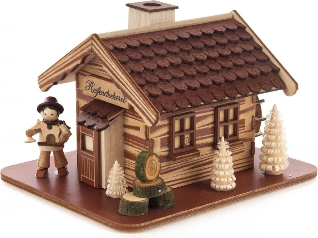Räucherhaus Reifendreherei"" mit Spielzeughändler HxBxT 13,5x10x16cm NEU