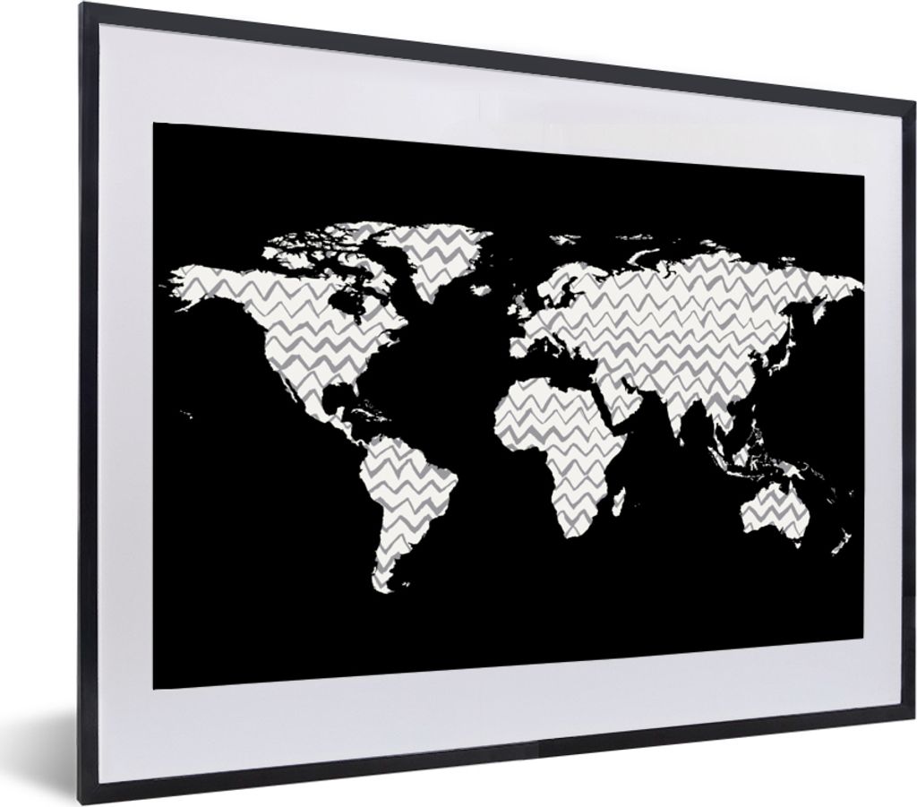 MuchoWow MuchoWow Gerahmtes Poster Weltkarte - Weiß - Grau 60x40 cm - Poster mit zchwarzem Bilderrahmen - Schlafzimmer - Plakat in Rahmen - Dr...