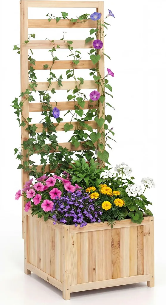 Carré potager surélevé avec espalier pour plantes grimpantes naturel