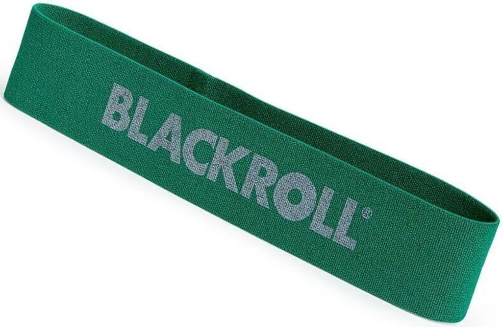 A green loop band with the brand name printed on it, lying on a white background.