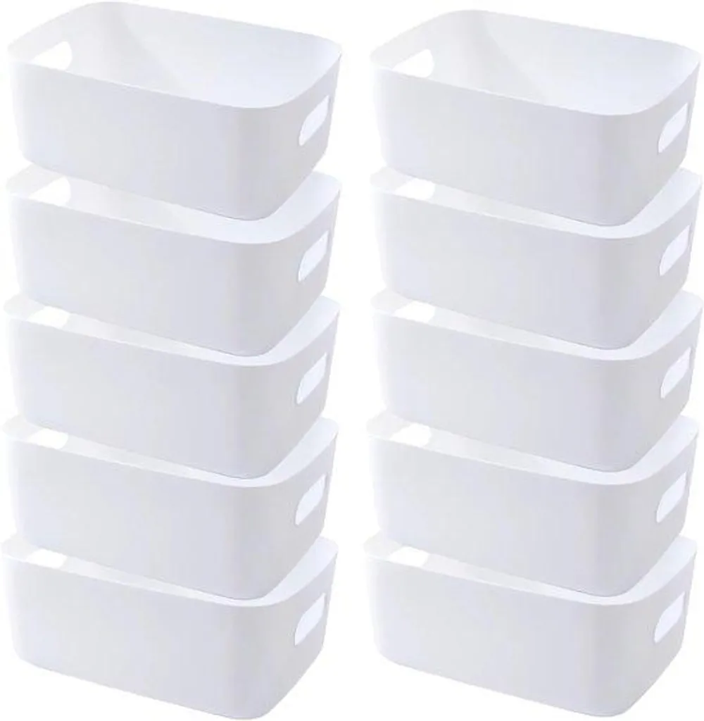 Lot de 10 Boîtes de Rangement en Plastique Blanc avec Poignées 30x20x12