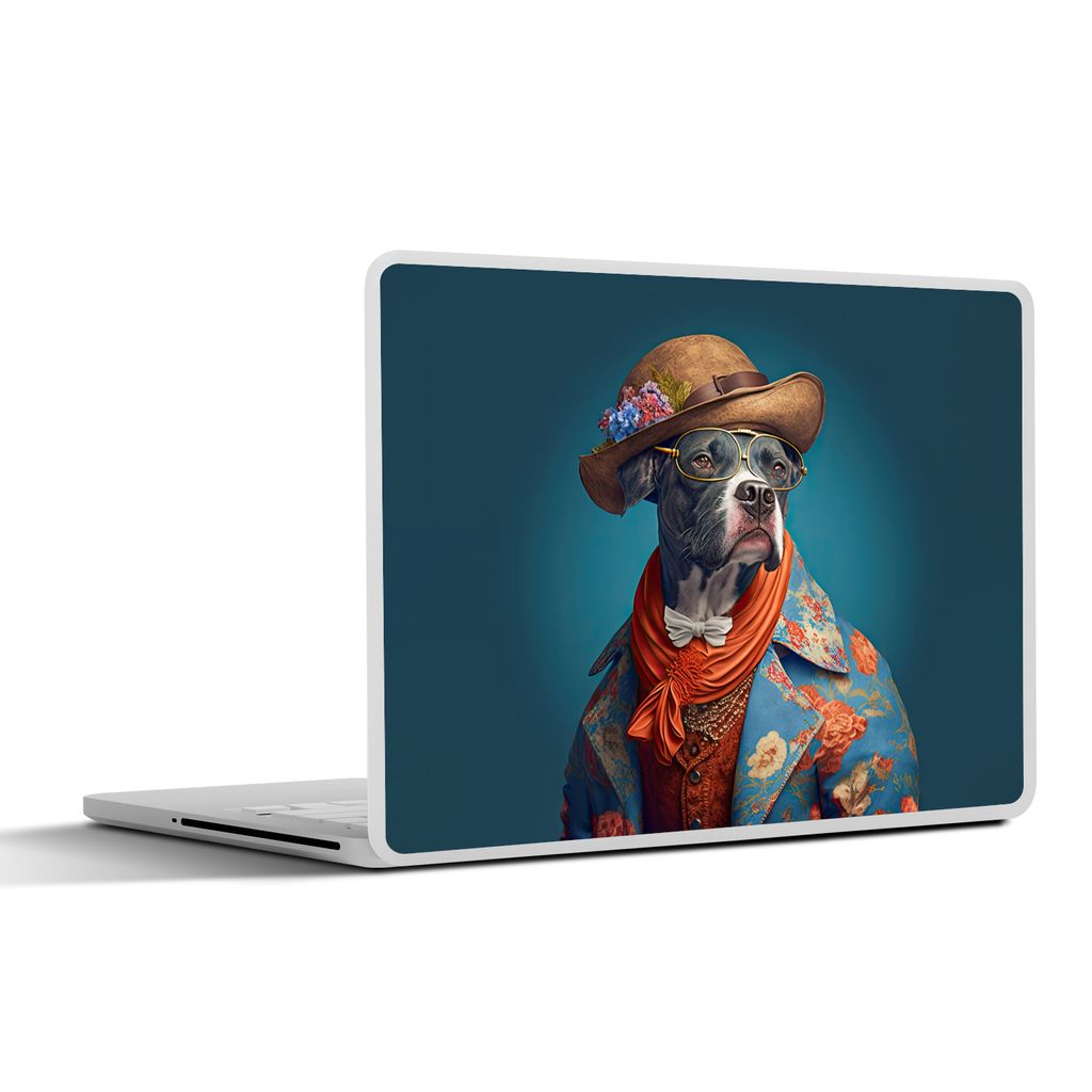 MuchoWow Laptop Aufkleber Sticker Cover Hund - Jacke - Blumen - Hut - Blau 30x22 cm - Laptop-Sticker