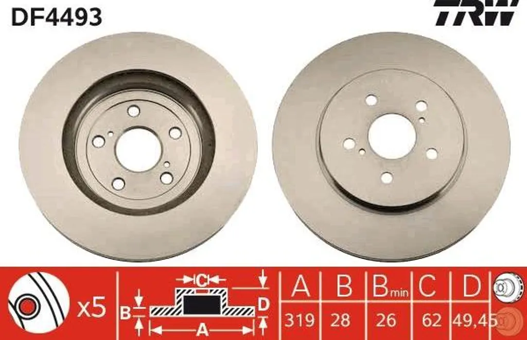 Disque de frein avant ventilé TRW DF4493 compatible Lexus RX 300 350