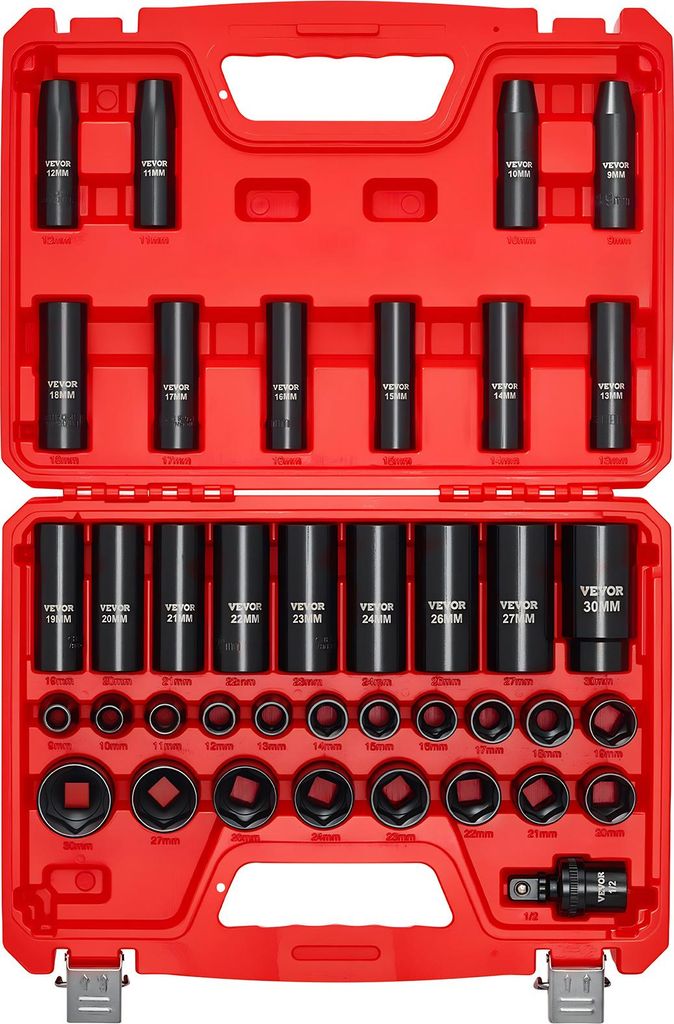 VEVOR 1/2 Zoll-Antrieb Schlagschrauber-Steckschlüsselsatz, 39-tlg. Muttern Entferner Set metrisch 9-30 mm, hochbelastbarer Chrom-Vanadium-Stahl, m...
