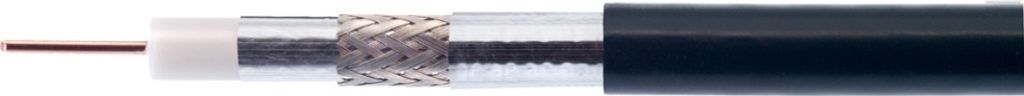 A close-up view of a coaxial cable, showing its internal structure and outer sheath.