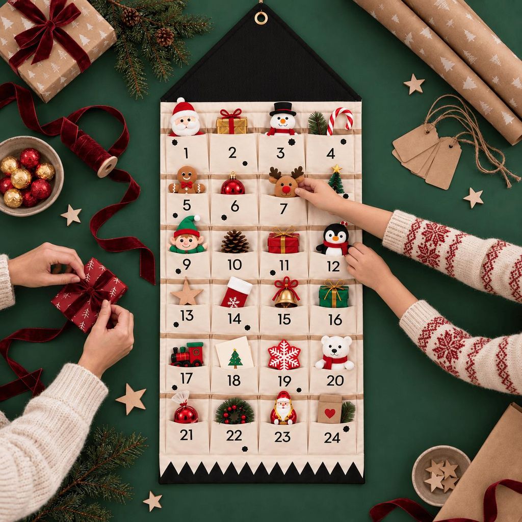 Adventskalender zum Aufhängen, 24 Taschen Stoff, befüllbar, Produktbild 