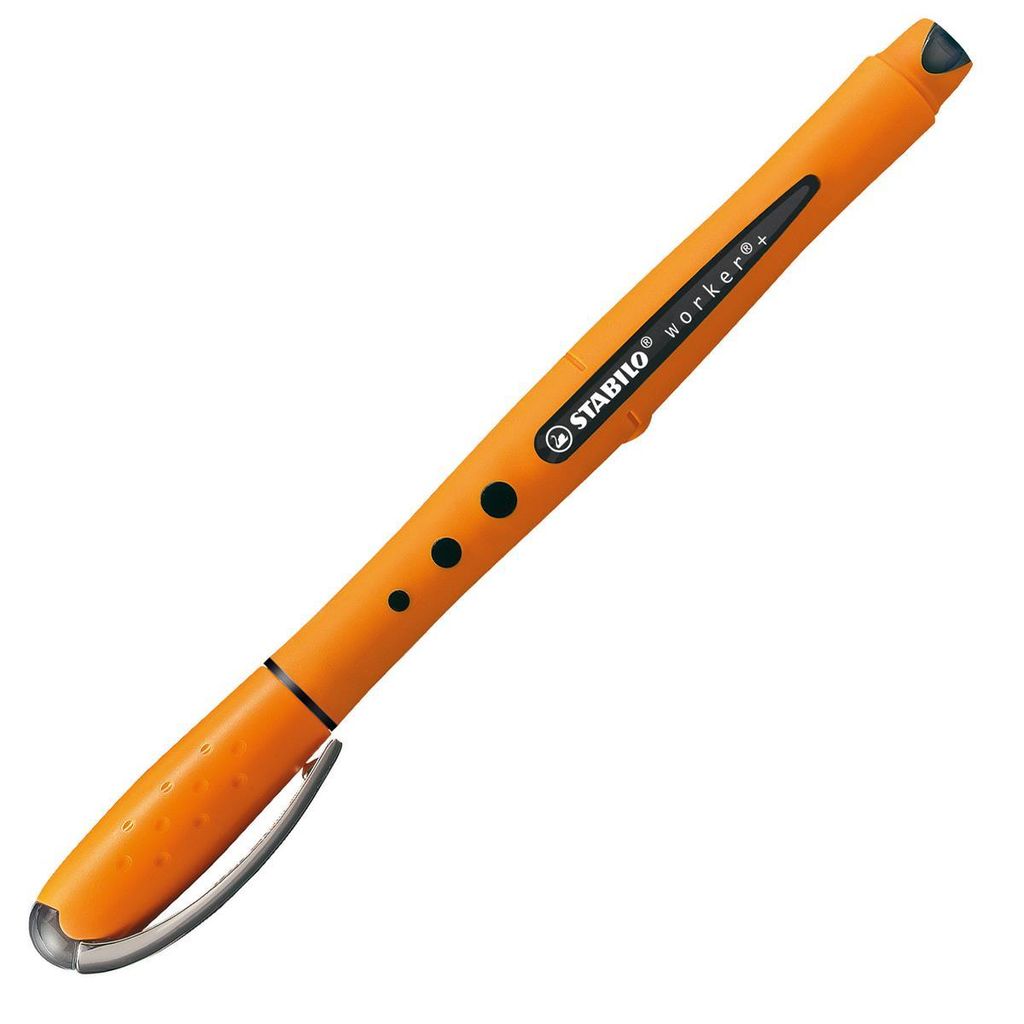 An orange pen with black text and silver clip on a white background.
