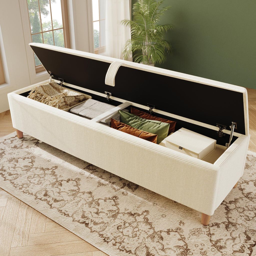 Flieks Hydraulisches Sitzbank Sitztruhe mit Stauraum, Betthocker Polsterbank Ottomane mit Kordstoffbezug, Sitzhocker Fußhocker 145x38x46cm, Beige