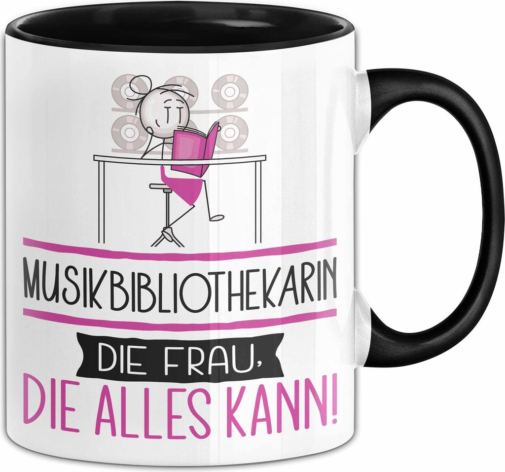 Musikbibliothekarin Geschenk Tasse Becher Die Frau Die Allen Kann Geschenkidee für eine Musikbibliothekarin Lustig (Schwarz)