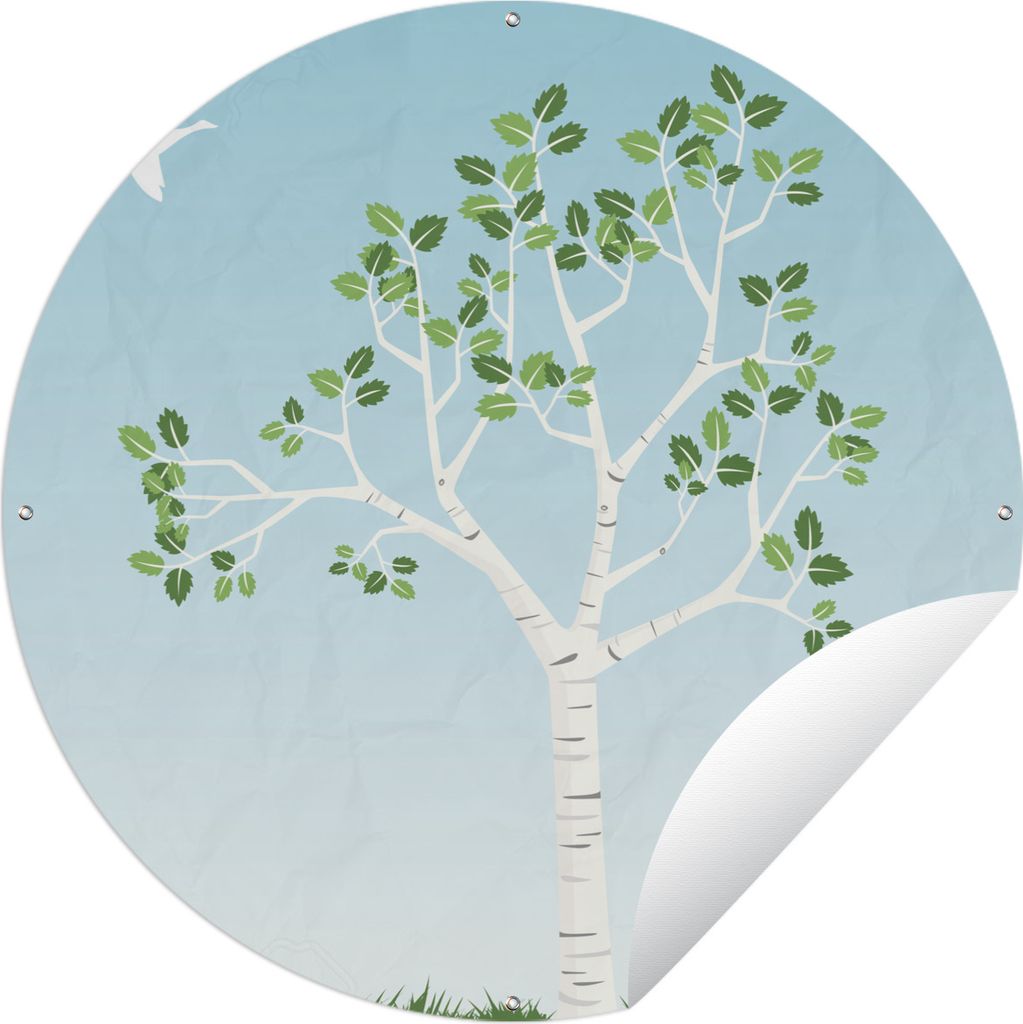 MuchoWow Gartenposter Outdoor-Poster Rund Eine Illustration einer Birke im Frühling Ø 60 cm Gartendeko Rundes Poster draußen