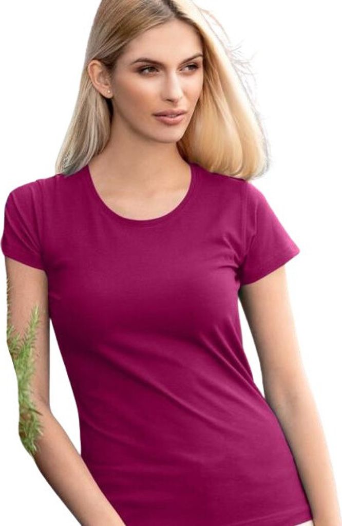 Tailliertes Damen-T-Shirt mit tiefem Ausschnitt, 100% Baumwolle, unbedruckt, einfarbig, 150g/m2, Farbe fuchsie, Größe XL