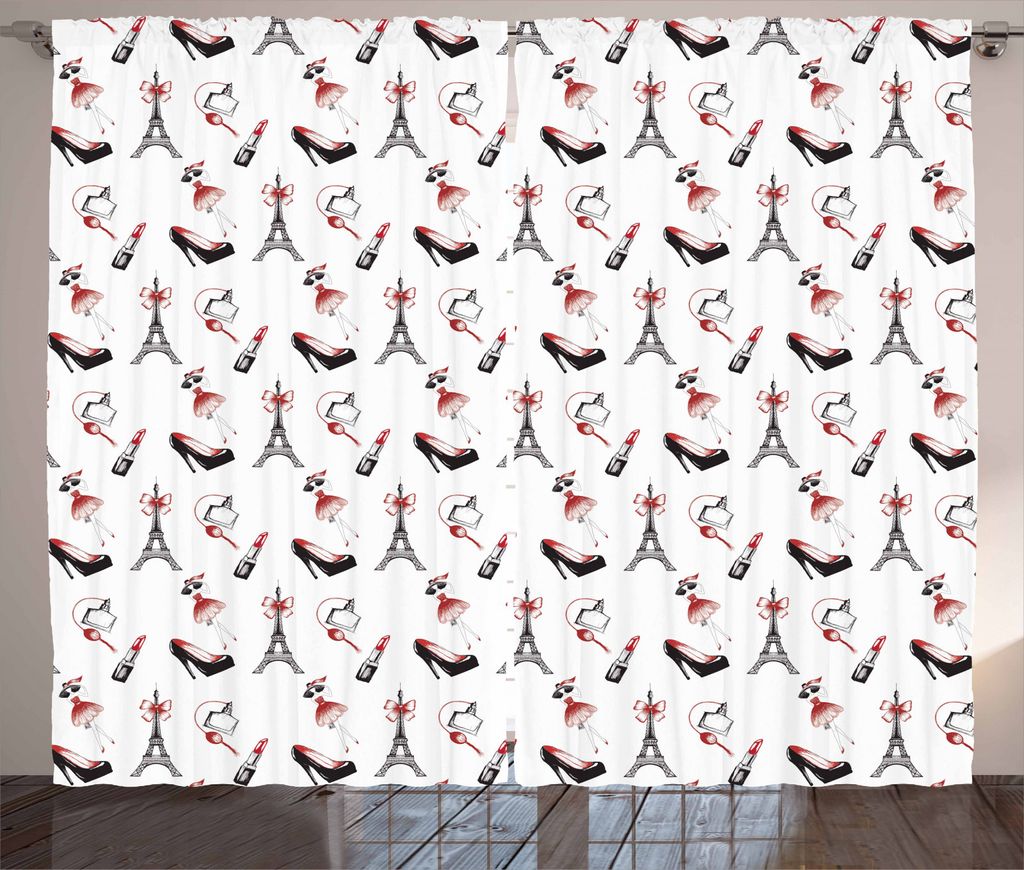 ABAKUHAUS Eiffel Rustikaler Vorhang, Schuhe Lippenstift Parfüm, Wohnzimmer Universalband Gardinen mit Schlaufen und Haken, 280 x 245 cm, Rubin Sch...