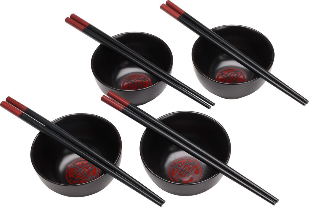 Four black ceramic bowls with red decorative patterns inside, each with a pair of black chopsticks resting on top.