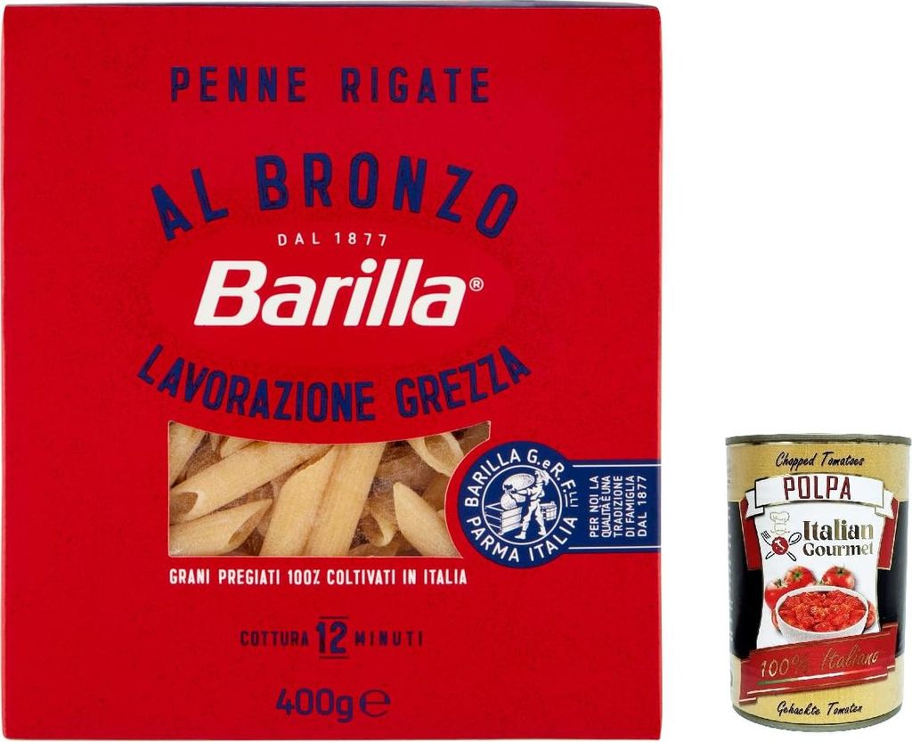 10x Barilla Penne Rigate al Bronzo Bronze Gezogene Pasta 400g Rohe Verarbeitungsmethode + Italian Gourmet polpa 400g