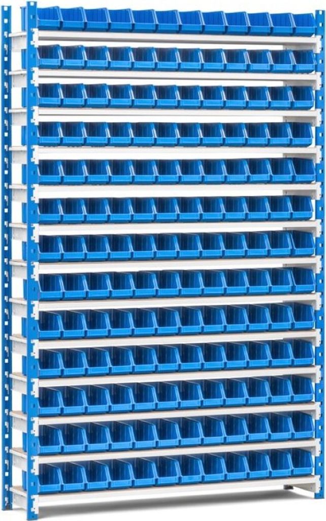 Fachbodenregal MAXIMUS mit 156x Sichtlagerboxen à 2L | Fachlast 114kg | Grundregal | HxBxT 200x125x30cm | 13 Ebenen | Lichtblau/Lichtgrau