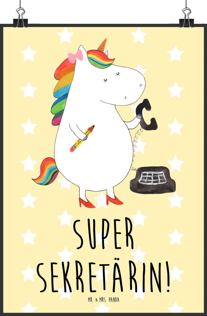 Mr. & Mrs. Panda Bild Einhorn Sekretärin DIN A2 - Gelb Pastell - Geschenk, wanddeko, Unicorn, Büro, drucke, Einhörner, Designposter, Steuerbüro...