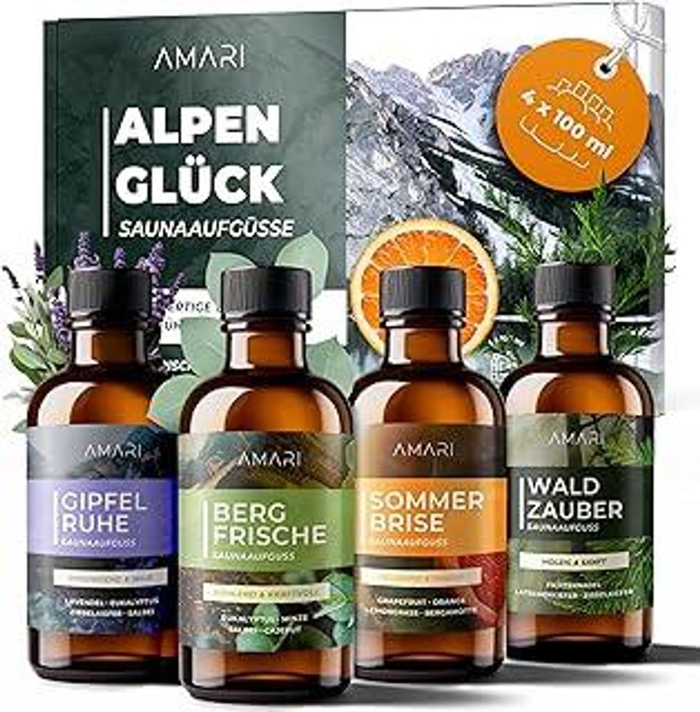 Amari Saunaaufguss Set Alpenglück – natürliche Saunadüfte mit -Ethanol – Naturreine Ätherische Öle – Aufgussmittel, Sauna, Saunaöl, Duf...