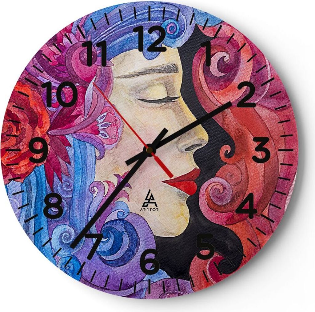 Wanduhr - Rund - Glasuhr - Frau Abstraktion - 30x30cm - Schleichendes Uhrwerk - Lautlos - zum Aufhängen bereit - Dekoration Modern - Wanddekoratio...