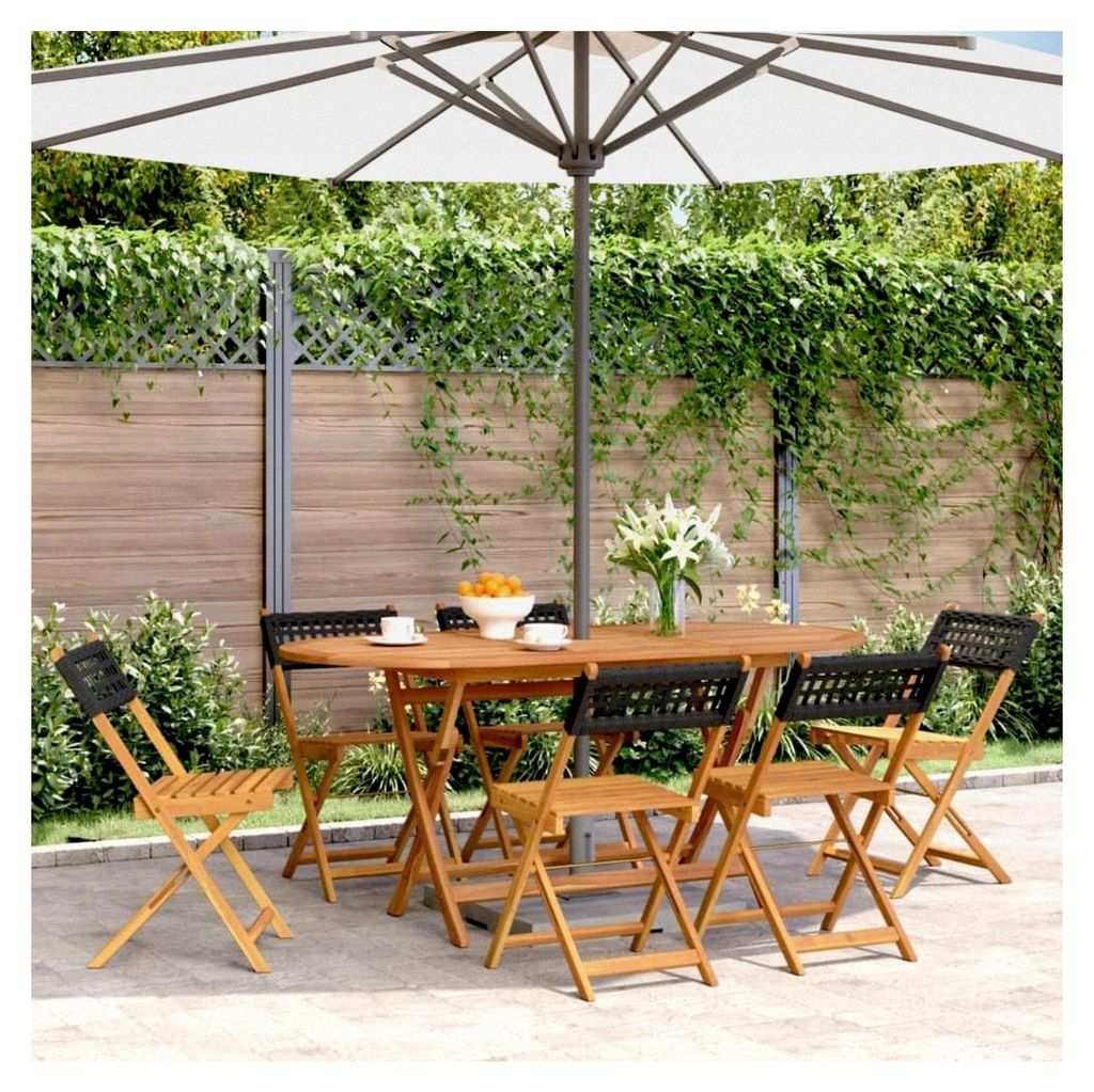 Klappbare Gartenstühle, 6 Stück, schwarz, Polyrattan und Massivholz