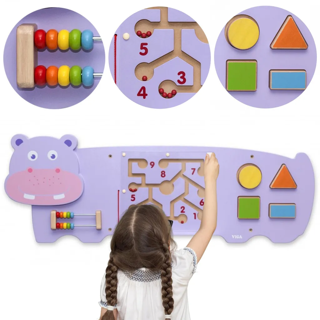 Occuper bébé intelligemment : Tableau sensoriel Hippopotame bois
