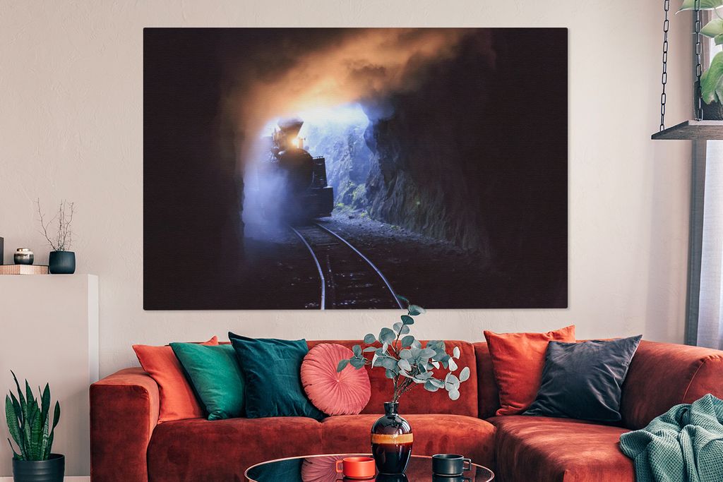 OneMillionCanvasses - Leinwandbilder - 150x100 cm, Dampflokomotive fährt in einen Tunnel ein, Wandbilder Kunstdruck Wanddekoration