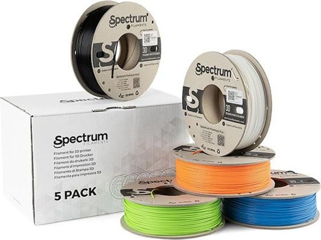 Spectrum 3D Filament, Premium PLA, 1,75mm, 5x250g, 80747, Mischung Polar White, Deep Black, Lion Orange, Pacific Blue, Lime Green