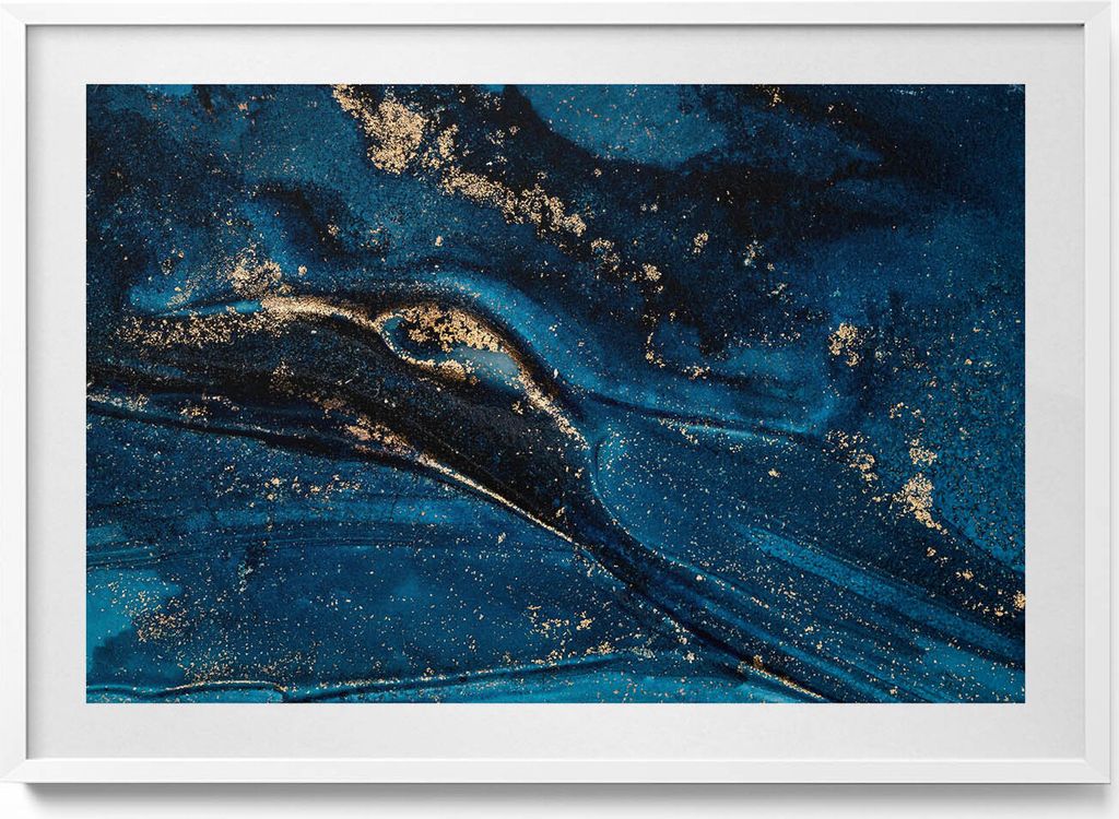 Flüssige Abstraktion mit Goldpartikeln– Wandbild mit Rahmen – Gerahmtes Bild – Wanddekoration – 100x70 cm – Weiß Rahmen