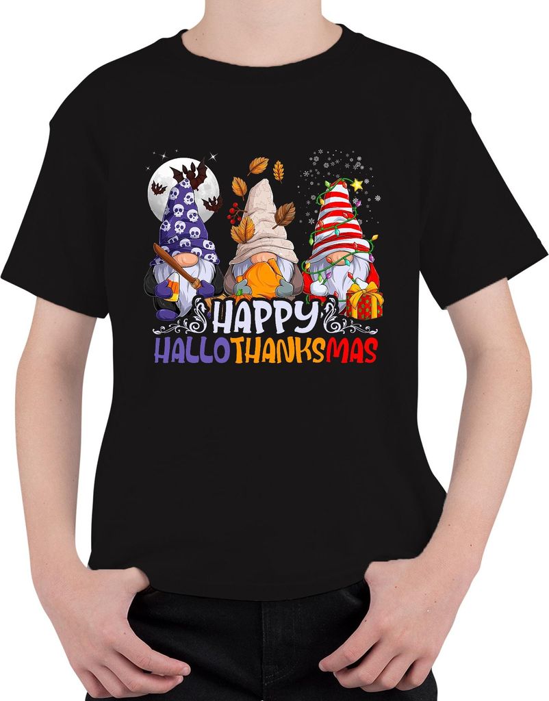Happy Hallothanksmas Gnomes Halloween Thanksgiving Christmas Uni Kinder T-Shirt, Schwarz, 140