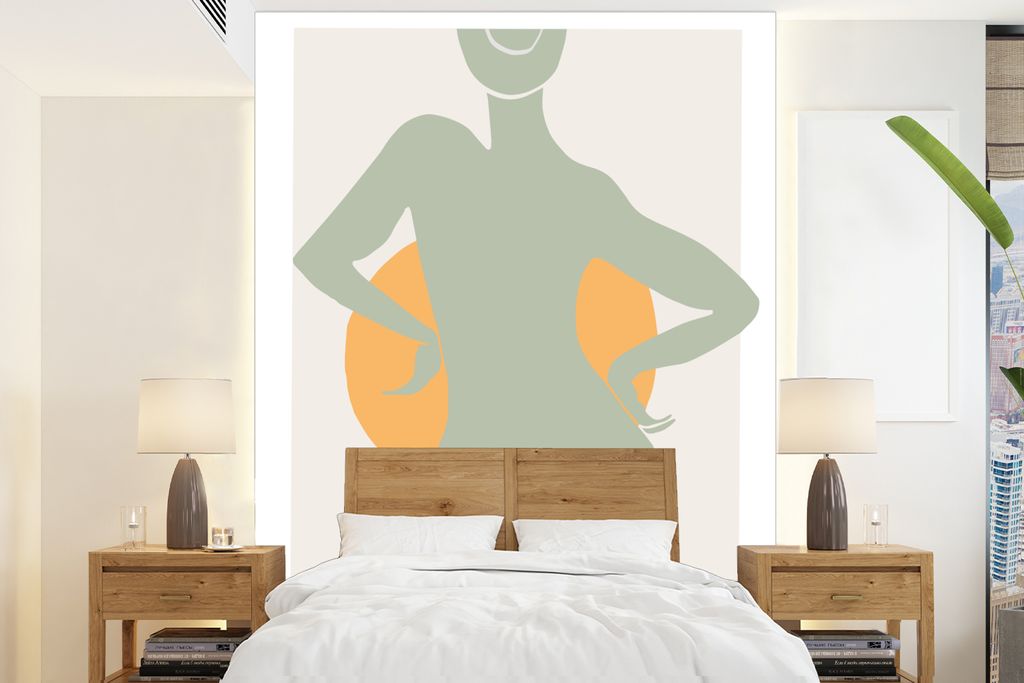 MuchoWow Fototapete für Wohnzimmer oder Schlafzimmer Wandtapete Vinyl Motivtapete Frau - Sonne - Gelb - Grün - Körper - 195x260 cm - Wandbild