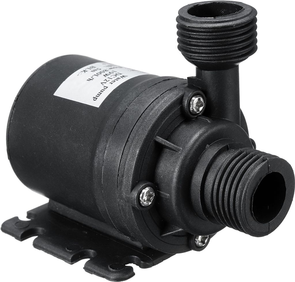 A black submersible water pump with threaded connectors.