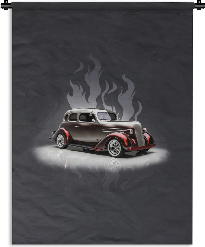 MuchoWow Wandteppich Wandbehang Auto - Schnee - Flammen - Vintage 120x160 cm Tapisserie Dekoration Wandtuch - Wohnzimmer - Moderne