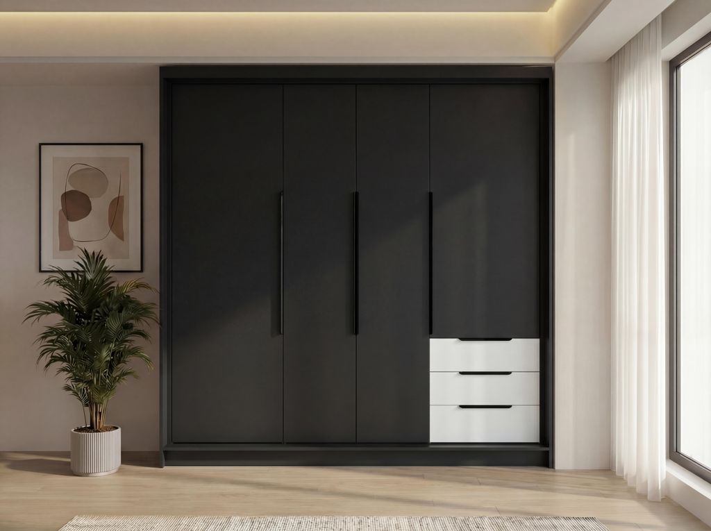 Geräumiger vier-türiger Kleiderschrank KLARI mit Schubladen und Metallgriffen – modernes Design