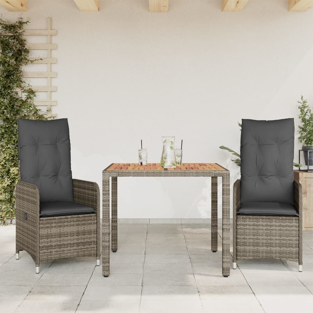 Design 3-tlg. Garten-Bistro-Set mit Kissen Grau Poly Rattan, Gartenmöbel-Sets 2024 Neu