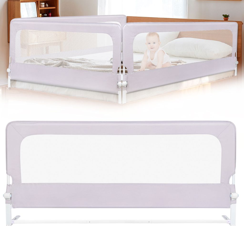 2x Baby Bettgitter 150x70cm,Rausfallschutz Bettschutzgitter Kinderbettgitter zusammenklappbar um 180 Grad für Kinderbetten, Elternbetten Grau