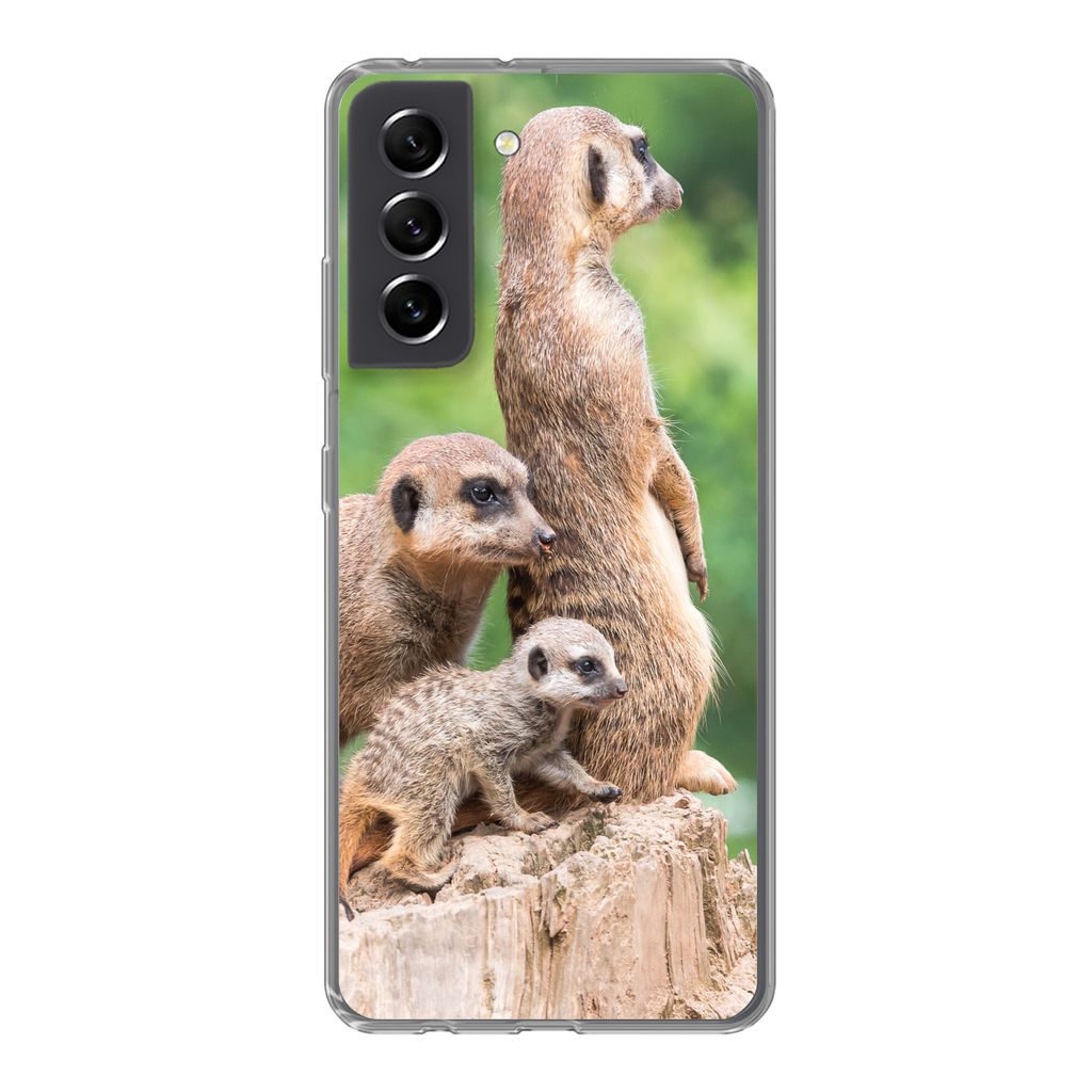 MuchoWow Handyhülle Schutzhülle Hülle für Samsung Galaxy S21 FE Erdmännchen - Baumstumpf - Jungtier Silikon Softcase Handy Hülle - Mobiltel...
