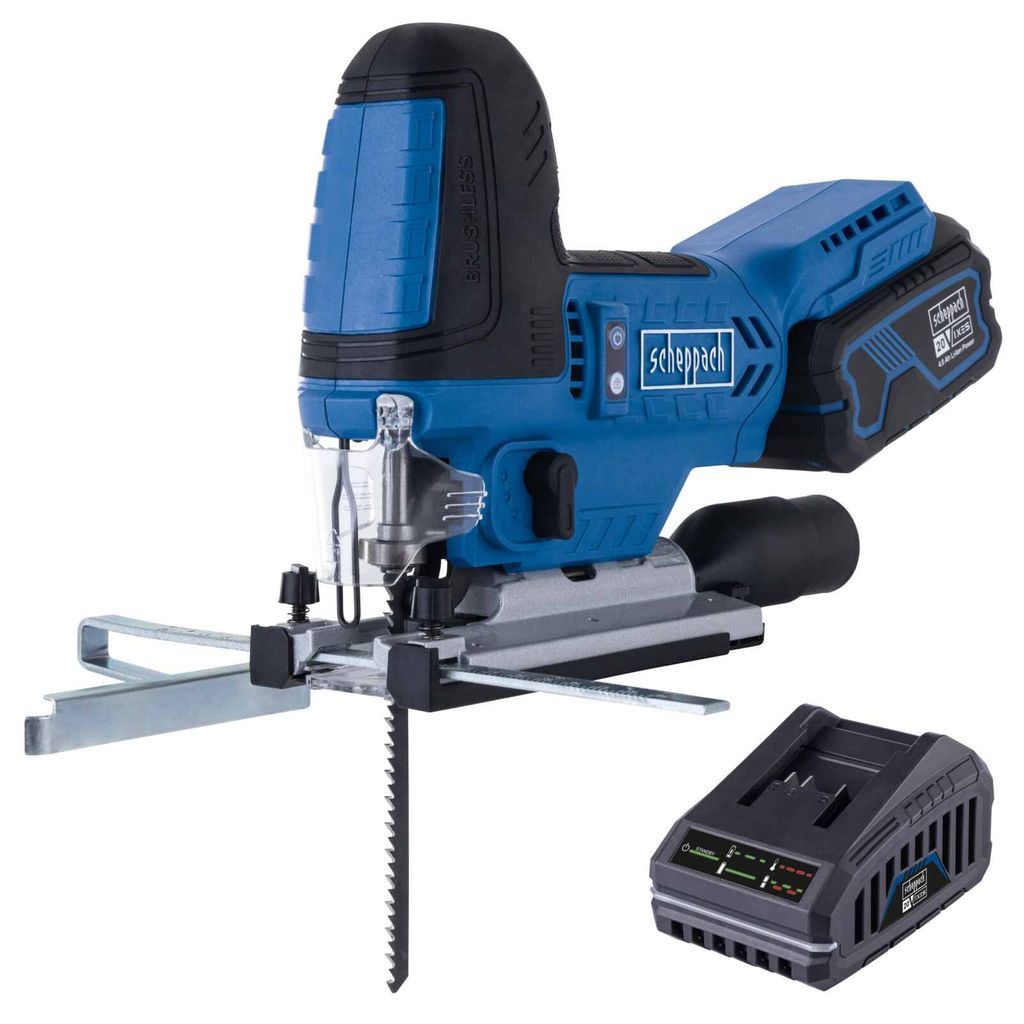 Scheppach Akku-Stichsäge BC-JS254-X | Brushless | Hublänge 25,4mm | Hubzahl 1000-3000min-1 | LED | inkl. 4Ah Akku + 2,4A Ladegerät