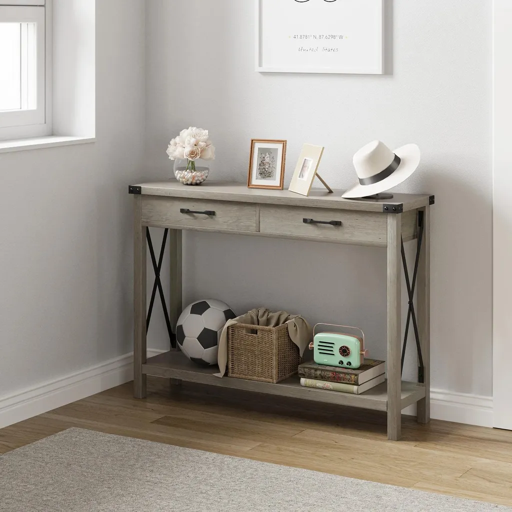 Console en bois gris clair à double étagère et tiroirs style rétro