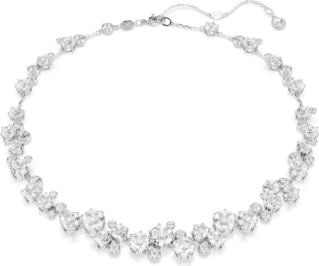 A close-up studio shot of a diamond necklace on a white background.