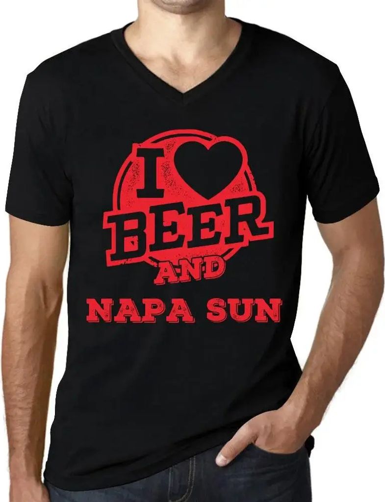Herren Grafik T-Shirt V-Ausschnitt Ich liebe Bier und die Sonne von Napa – I Love Beer And Napa Sun – Öko-Verantwortlich Vintage Jahrgang Kurzarm